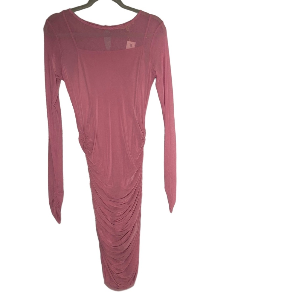 NWT C&V Chelsea & Violet Pink Mesh Ruched Long Sleeve Midi Dress Size S